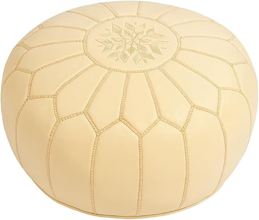Stuffed Round Design Moroccan Leather Pouf Ottoman, Handmade, Pre-Filled, 100% Genuine Leather, 13” Height x 20” Diameter, Footstool & Living Room Décor (Cream)