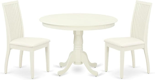 East West Furniture HLIP3-LWH-C 3 Piece Modern Dining Table Set Contains a Round Wooden Table with Pedestal and 2 Linen Fabric Upholstered Dining Chairs, 42x42 Inch, Linen White