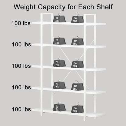 HSH 5 Tier Tall White Bookshelf, Metal and Wood Storage Book Shelves for Bedroom Living Room Office, Modern Large White Bookcases and Bookshelves 5 Shelf, Farmhouse Open Vertical Display Book Shelf