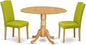 East West Furniture DLEN3-OAK-51 3 Piece Dinette Set for Small Spaces Contains a Round Dining Table with Dropleaf and 2 Autumn Green Faux Leather Upholstered Chairs, 42x42 Inch, Oak
