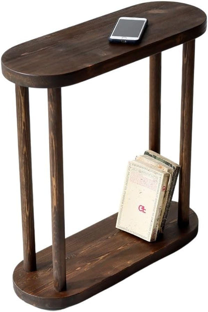 Oval Solid Wood Narrow Side Table, Slim End Table, Small Coffee Table (Dark Walnut, Medium)