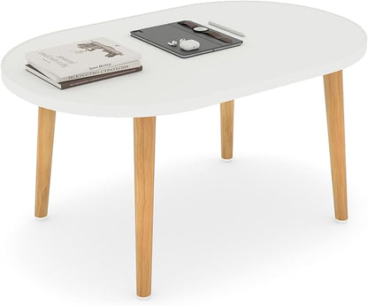 Oval Coffee Table Low Table with 4 Solid Wood Sturdy Legs, Floor Table Desk for Sitting on The Floor, Storage and Living Room Furniture (White)