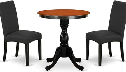 East West Furniture ESDA3-BCH-C 3 Piece Dinette Set for Small Spaces Contains a Round Dining Table with Pedestal and 2 Linen Fabric Upholstered Dining Chairs, 30x30 Inch, Black & Cherry