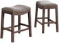 Williston Dark Brown Wood Counter Height Stool Set of 2, 18.25 in. W Seat with Linen-Like Fabric & Silver Satin Nail Heads, Kitchen Furniture Bar Stools w/Solid Rubberwood Frame & Metal Kick Plate