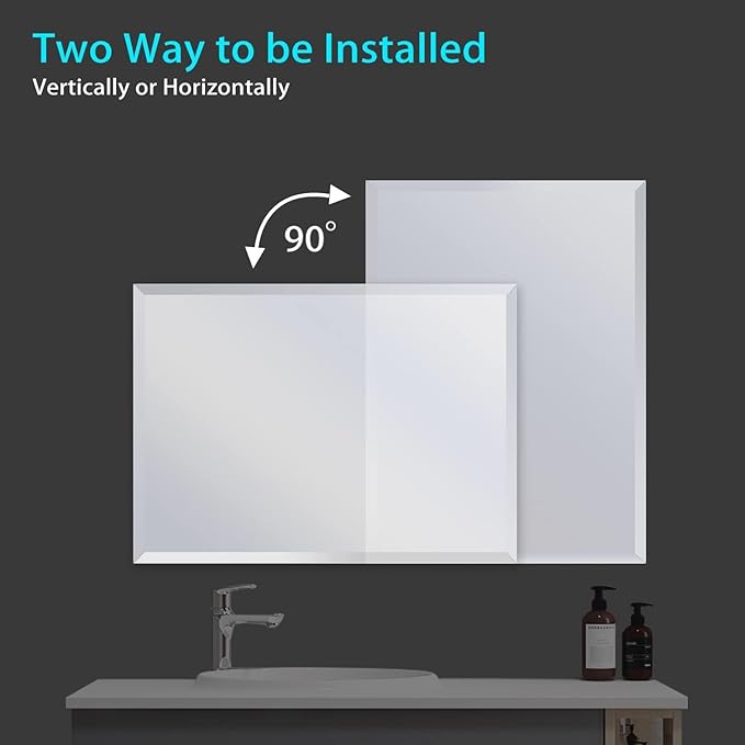 Frameless Beveled Edge Bathroom Mirror 38x26 Inch Rectangle Wall Mirror Explosion Proof and Shatterproof Bathroom Vanity Mirror Wall Mounted Hang Firmly (Horizontal or Vertical)