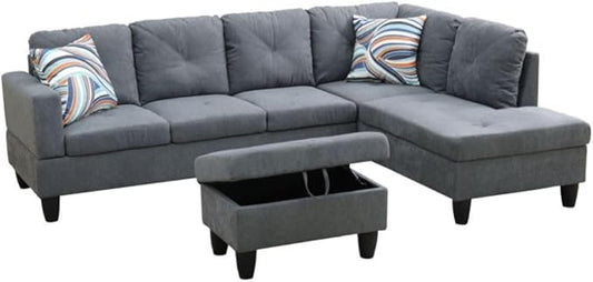 Dark Grey L-Shaped 3-Piece Flannelette Sofa with Storage Ottoman Set, Sectional Couch Sofa Set for Living Room, Office, Small Space