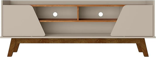 Manhattan Comfort Marcus Mid Century Modern 65 Inch TV Stand with Solid Wood Legs, Cable Management, 5 Shelves and Soft Close Doors, Entertainment Center and Media Console for Living Room, Off White