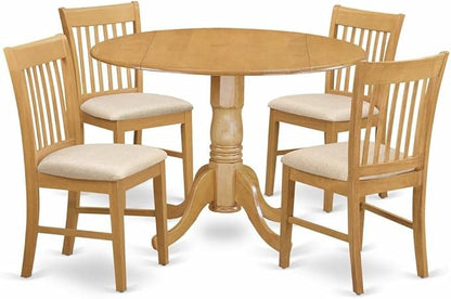 East West Furniture DLNO5-OAK-C 5 Piece Kitchen Table & Chairs Set Includes a Round Dining Room Table with Dropleaf and 4 Linen Fabric Upholstered Dining Chairs, 42x42 Inch, Oak