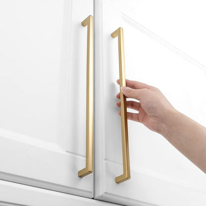 KOOFIZO Solid Square Bar Cabinet Handle - Brushed Gold Furniture Pull, 12.6 Inch/320mm Screwhole Distance, 1-Piece for Kitchen Cupboard Door, Bedroom Dresser Drawer, Bathroom Wardrobe Hardware