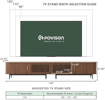 POVISON Fully-Assembled Mid Century Modern Black TV Stand with White Matte Travertine Stone Tabletop & LED Lights, Rolling Door Media Console, Wood TV Console for Living Room