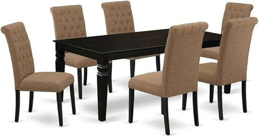 East West Furniture LGBR7-BLK-17 7 Piece Dining Room Table Set Consist of a Rectangle Kitchen Table with Butterfly Leaf and 6 Light Sable Linen Fabric Parsons Chairs, 42x84 Inch, Black