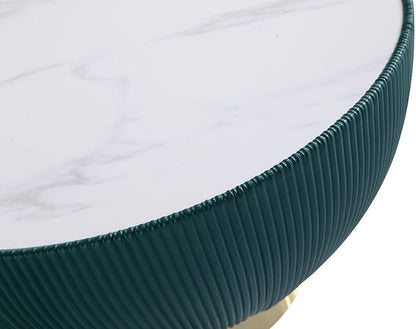 Manhattan Comfort Anderson Modern 28.15" Round Coffee Table 2.0 - Ceramic Marble Tabletop, Elegant Pleated Leatherette Details & Gold Base, Fully Assembled Accent Furniture, Set of 1, Green