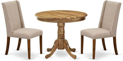 East West Furniture ANFL3-ANA-04 3 Piece Kitchen Table Set Contains a Round Dining Room Table with Pedestal and 2 Light Tan Linen Fabric Upholstered Chairs, 36x36 Inch, Natural