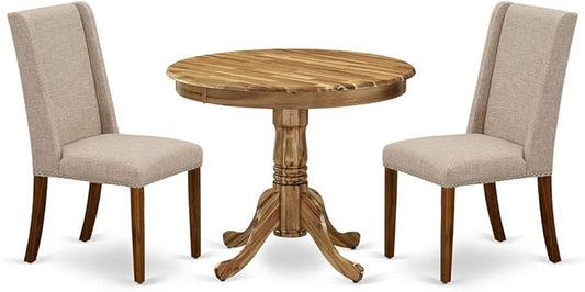East West Furniture ANFL3-ANA-04 3 Piece Kitchen Table Set Contains a Round Dining Room Table with Pedestal and 2 Light Tan Linen Fabric Upholstered Chairs, 36x36 Inch, Natural