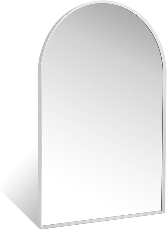 20" x 30" Silver Arched Mirror, Modern Aluminum Alloy Metal Frame, Arch Bathroom Vanity and Wall Decor Mirror for Bathroom, Living Room, Bedroom, Entryway