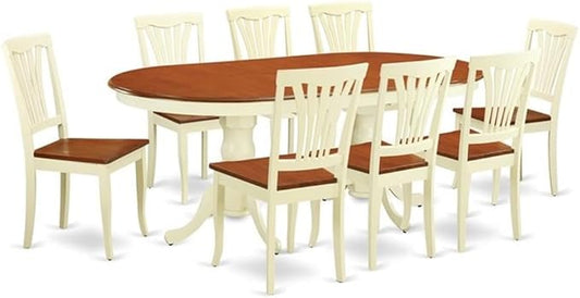 East West Furniture PLAV9-WHI-W 9 Piece Dining Set Includes an Oval Dining Room Table with Butterfly Leaf and 8 Wood Seat Chairs, 42x78 Inch, Buttermilk & Cherry