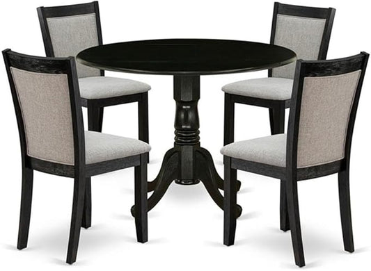 East West Furniture DLMZ5-AB6-06 5 Piece Dinette Set for 4 Includes a Round Dining Room Table with Dropleaf and 4 Shitake Linen Fabric Parsons Dining Chairs, 42x42 Inch, Wirebrushed Black