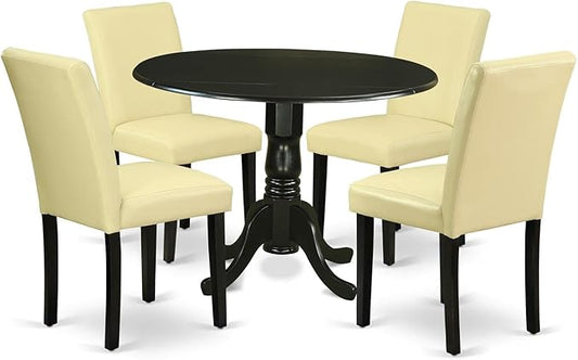 East West Furniture DLAB5-BLK-73 5 Piece Dining Table Set for 4 Includes a Round Kitchen Table with Dropleaf and 4 Eggnog Faux Leather Upholstered Chairs, 42x42 Inch, Black