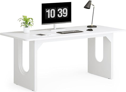 LITTLE TREE 70.8-Inch Home Office Desk, White Computer Desk with Storage, Study Writing Work Desk for Home Office, Spacious Modern Simple Desk,White