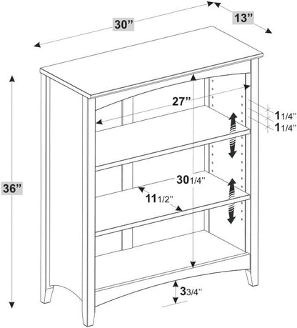 Shaker Style 3 Shelf Bookcase / Solid Wood / 36" High / Adjustable Shelving / Closed Back / Display Bookshelf for Living Room, Bedroom, Home and Office, White