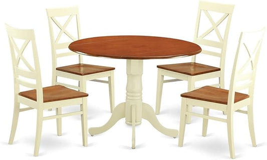 East West Furniture DLQU5-BMK-W 5 Piece Dining Table Set for 4 Includes a Round Kitchen Table with Dropleaf and 4 Dining Room Chairs, 42x42 Inch, Buttermilk & Cherry