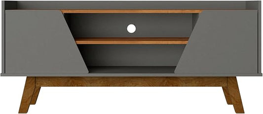 Manhattan Comfort Marcus Mid Century Modern 55 Inch TV Stand with Solid Wood Legs, Cable Management, 4 Shelves and Soft Close Doors, Entertainment Center and Media Console for Living Room, Grey