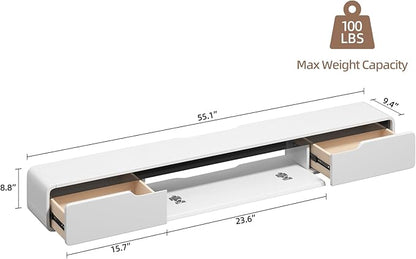 Fully-Assembled Floating TV Stand with Drawers, 55IN High Gloss Wall Mounted Entertainment Center, Modern Media Console with Storage, Under TV Shelf for Bedroom Living Room White