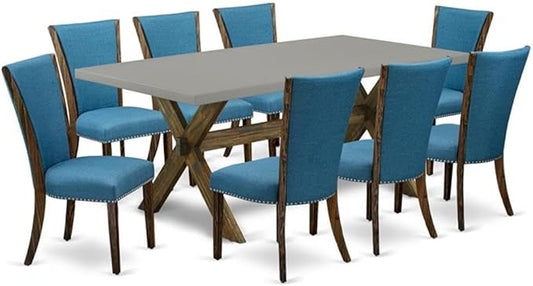 East West Furniture X797VE721-9 9 Piece Dining Table Set Includes a Rectangle Kitchen Table with X-Legs and 8 Blue Color Linen Fabric Parson Dining Room Chairs, 40x72 Inch, Multi-Color
