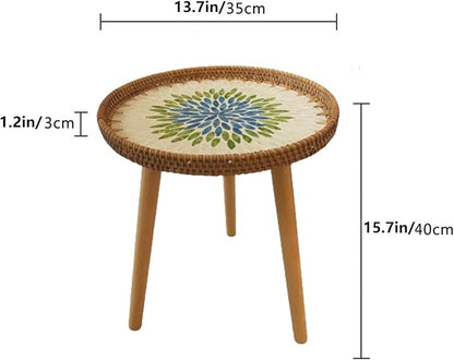 Rattan Round Side Table, Handmade Rattan Tray with 3 Legs, Mother of Pearls Inlay Coffee/Accent Table, Round End/Side Tables for Living Room, Bedrooms, Pedestal Plant Stand for Balcony