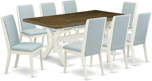 East West Furniture X077LA015-9 9 Piece Kitchen Table & Chairs Set Includes a Rectangle Dining Room Table and 8 Baby Blue Linen Fabric Upholstered Chairs, 40x72 Inch, Multi-Color