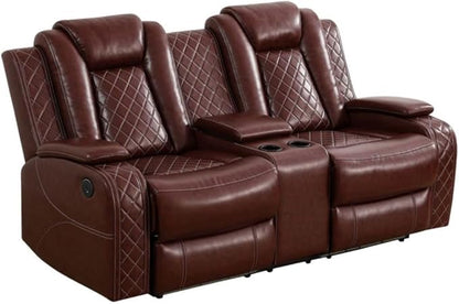 Electric Power Recliner Loveseat Set Living Room Furniture, Comfy Home Theater Breathing Leather Seating with USB 2.0 Charging Ports, LED Light Strips, Mid Console and Cupholders (Red)