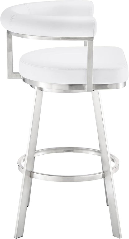 Armen Living Magnolia Swivel Counter Stool in Brushed Stainless Steel with White Faux Leather