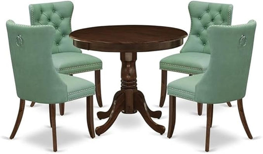 East West Furniture ANDA5-AWA-22 5 Piece Kitchen Table Set Includes a Round Dining Table with Pedestal and 4 Polyester Fabric Upholstered Parson Chairs, 36x36 Inch, Antique Walnut