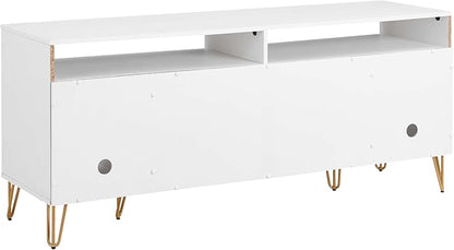 Manhattan Comfort Dumbo Mid Century Modern TV Stand for Televisions up to 60 Inches, Home Entertainment Center with Storage, 6 Shelves, 2 Drawers, No Tool Assembly, 63" Wide, White