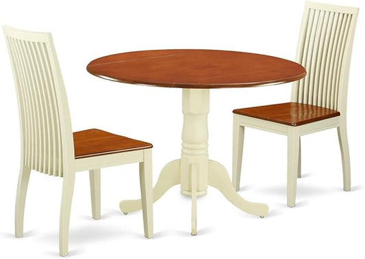 East West Furniture DLIP3-BMK-W 3 Piece Kitchen Table & Chairs Set Contains a Round Dining Room Table with Dropleaf and 2 Dining Chairs, 42x42 Inch, Buttermilk & Cherry