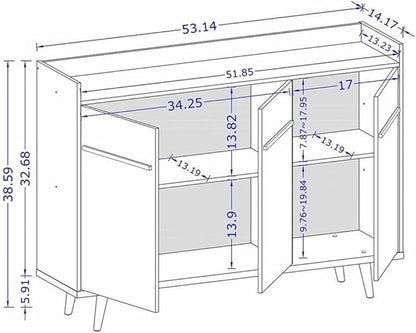 Manhattan Comfort Bradley Buffet Cabinet with Storage, Mid Century Modern Sideboard with 4 Shelves and Soft Close Doors, TV Stand Media Console for up to 50" Screens, 53.54" Long, Off White