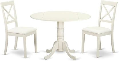 East West Furniture DLBO3-LWH-LC 3 Piece Modern Dining Table Set Contains a Round Wooden Table with Dropleaf and 2 Faux Leather Kitchen Dining Chairs, 42x42 Inch, Linen White