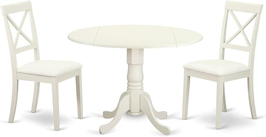East West Furniture DLBO3-LWH-LC 3 Piece Modern Dining Table Set Contains a Round Wooden Table with Dropleaf and 2 Faux Leather Kitchen Dining Chairs, 42x42 Inch, Linen White