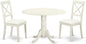 East West Furniture DLBO3-LWH-LC 3 Piece Modern Dining Table Set Contains a Round Wooden Table with Dropleaf and 2 Faux Leather Kitchen Dining Chairs, 42x42 Inch, Linen White