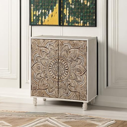 COSIEST 32" W Sideboard Buffet Cabinet with Storage, Accent Cabinet with 2 Push-to-Open Magnetic Doors, Vintage MDF Buffet Table for Living Room, Kitchen, Hallway (Gray,Lotus Pattern)