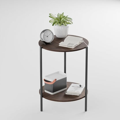 Side Table, Round End Table with 2-Layer Storage Rack, 15.7" Small Spaces Circle Table, Metal Frame Design Small Side Tables, for Living Room, Bedroom, Vintage Wood