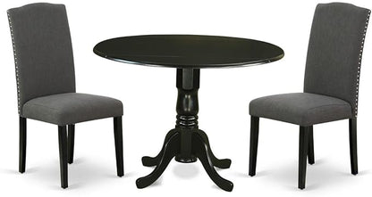 East West Furniture DLEN3-BLK-20 3 Piece Modern Dining Table Set Contains a Round Wooden Table with Dropleaf and 2 Dark Gotham Linen Fabric Upholstered Chairs, 42x42 Inch, Black