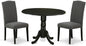 East West Furniture DLEN3-BLK-20 3 Piece Modern Dining Table Set Contains a Round Wooden Table with Dropleaf and 2 Dark Gotham Linen Fabric Upholstered Chairs, 42x42 Inch, Black