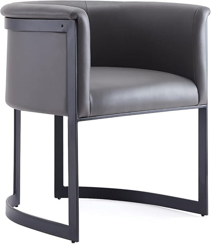 Manhattan Comfort Corso Faux Leather Upholstered Dining Chair, Barrel-Style Foam Padded Seat, Unique Geometric Metal Frame, Fully Assembled Accent Furniture, Grey