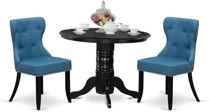 East West Furniture SHSI3-BLK-21 3 Piece Kitchen Table Set for Small Spaces Contains a Round Dining Table with Pedestal and 2 Blue Linen Fabric Parson Chairs, 42x42 Inch, Black