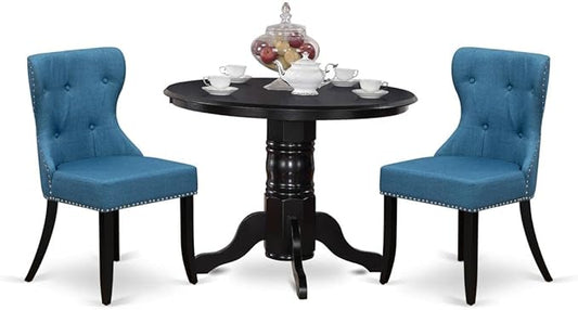 East West Furniture SHSI3-BLK-21 3 Piece Kitchen Table Set for Small Spaces Contains a Round Dining Table with Pedestal and 2 Blue Linen Fabric Parson Chairs, 42x42 Inch, Black