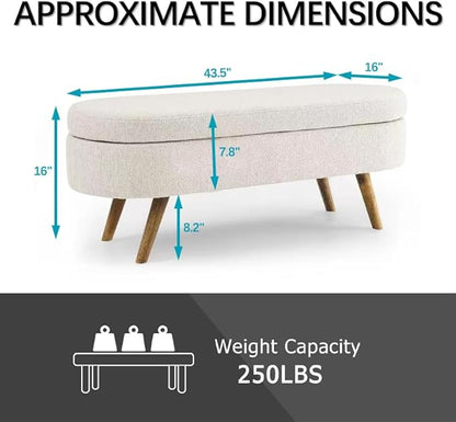 Oval Storage Bench 43.5" Linen Fabric Upholstered Entryway Bench with Solid Wood Legs Ottoman Bench Indoor Bench for Living Room/Bedroom/End of Bed/Entryway (Beige)