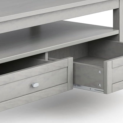 SIMPLIHOME Warm Shaker Coffee Table - 48 inch Wide Solid Wood Cocktail Table in Fog Grey, Transitional Living Room Table with 2 Storage Drawers and Open Shelf for Sitting Area or Lounge