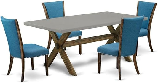 East West Furniture X797VE721-5 5 Piece Dining Table Set Includes a Rectangle Dining Room Table with X-Legs and 4 Blue Color Linen Fabric Parsons Chairs, 40x72 Inch, Multi-Color