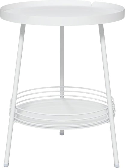 Benkyo 2 Tier White Metal Round Side Table Tiered Two Shelf Storage Coffee Sofa End Table for Living Room and Bedroom,White